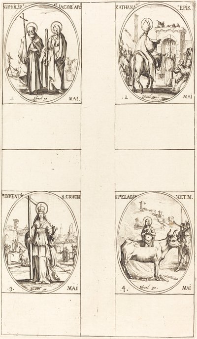 聖フィリップと小ヤコブ、使徒。 聖アタナシウス。 十字架の発明; 作： Jacques Callot
