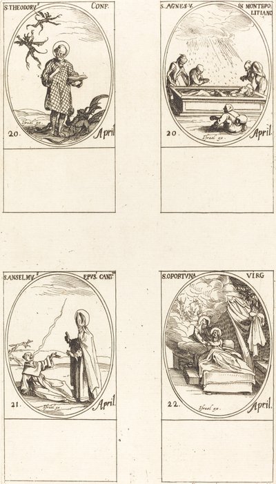 聖テオドロス。 モンテ・プルチャーノの聖アグネス。 カンタベリー大司教、聖アンセルメ。 セント 作： Jacques Callot