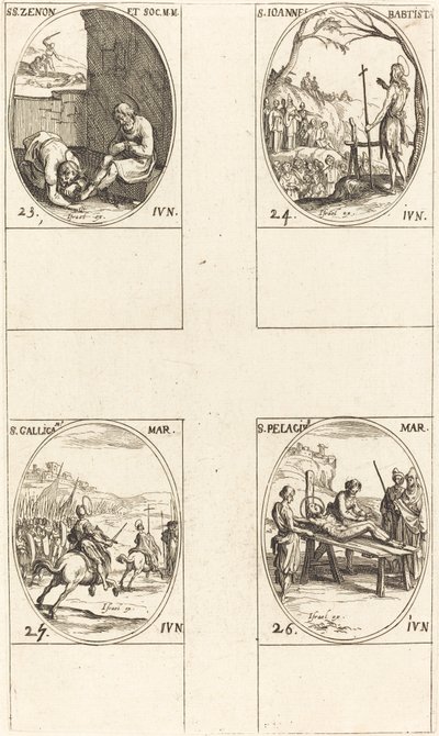 聖ゼノンと仲間たち。 洗礼者聖ヨハネ。 聖ガリカヌス。 聖ペラギウス 作： Jacques Callot