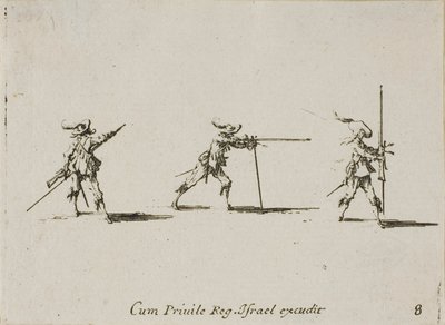 マスケット銃で発砲位置を取り、「軍事演習」のプレート 8 作： Jacques Callot