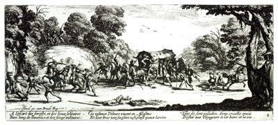 イスラエルのアンリエット（c.1590-1661）1633によって刻まれた、「The Miseries and Misfortunes of War」のステージコーチへの攻撃、プレート8 作： Jacques Callot