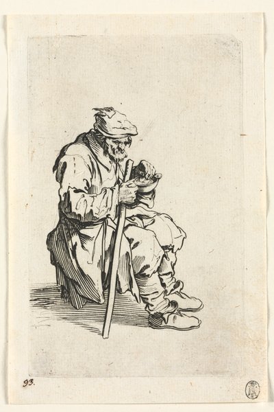 乞食：座り、食べること、乞食c。 1623年。 作： Jacques Callot