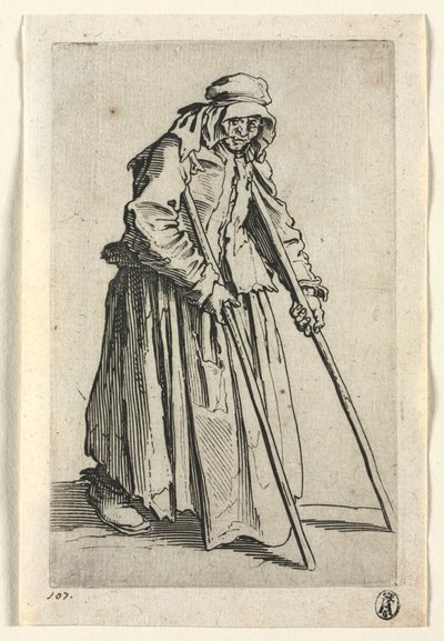 物乞い: 松葉杖をついた物乞いの女 作： Jacques Callot