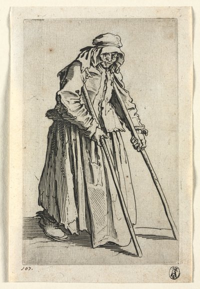 乞食：松葉杖の乞食女、c。 1623年。 作： Jacques Callot