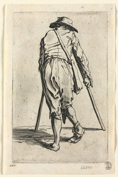 乞食: 松葉杖をついて帽子をかぶった乞食 作： Jacques Callot