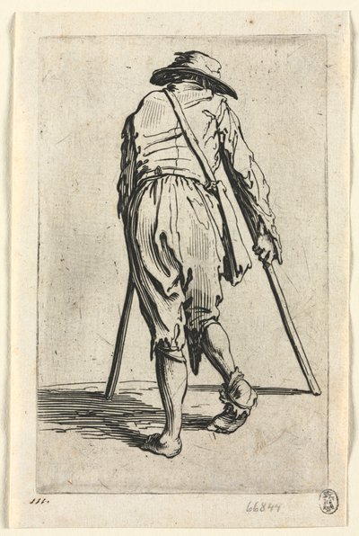 乞食：松葉杖の乞食、帽子をかぶってc。 1623年。 作： Jacques Callot