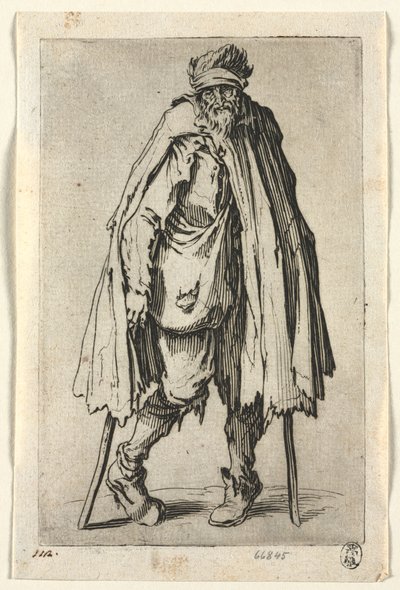 乞食：松葉杖で袋を持った乞食、c。 1623年。 作： Jacques Callot