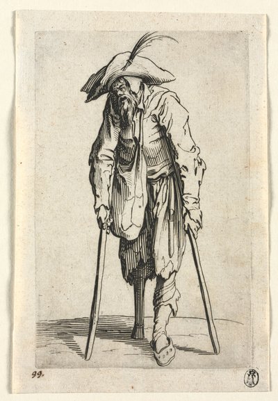 乞食：木製の脚のある乞食、c。 1623年。 作： Jacques Callot