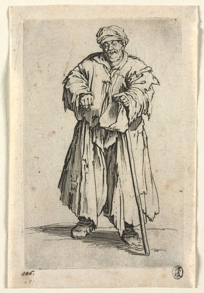 乞食：目を低くした肥満の乞食c。 1623年。 作： Jacques Callot