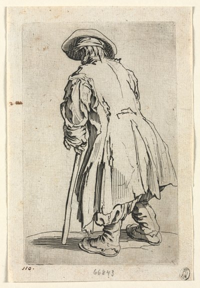 乞食：単一の松葉杖での古い乞食c。 1623年。 作： Jacques Callot