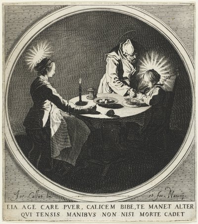 祝福ルベネディシテは、テーブルでの聖家族としても知られています。1628年。 作： Jacques Callot