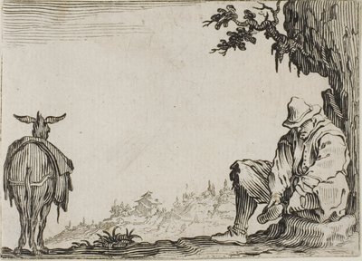 靴を脱ぐ農夫、『カプリース』より 作： Jacques Callot