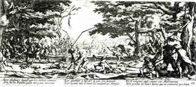 イスラエルのアンリエット（c.1590-1661）1633によって刻まれた農民の復讐、「戦争の不幸と不幸」からのプレート17 作： Jacques Callot