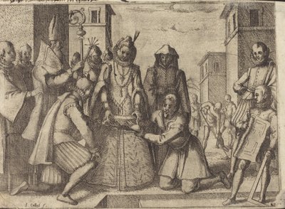 スペインの貧しいクラレス教会のために最初の石を敷設する女王 [裏面] 作： Jacques Callot