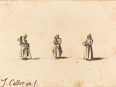 3 人の女性、1 人が子供を抱いている、おそらく 1634 年。 作： Jacques Callot