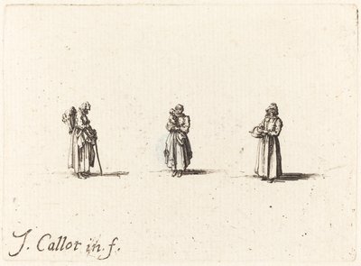 3 人の女性、1 人が子供を抱いている、おそらく 1634 年。 作： Jacques Callot
