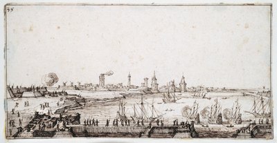 ガレオン船が敬礼をするラ・ロシェル港の風景（紙にペン・茶インク 作： Jacques Callot