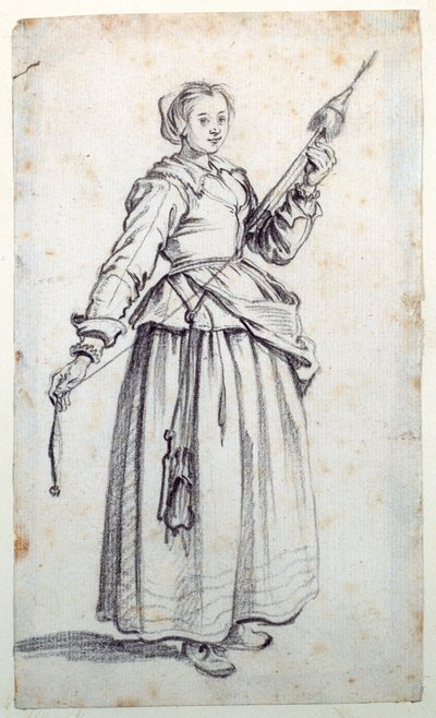 スピンドルを持つ女」（紙に黒チョーク 作： Jacques Callot