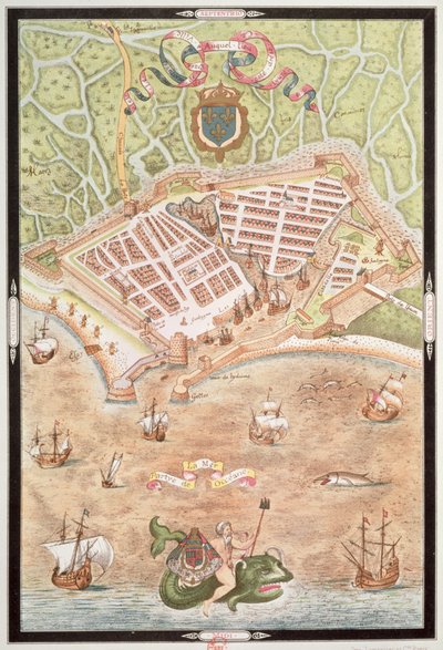 「Les Premiers Oeuvres de Jacques Devaulx Pillote en la Marine」からの1583年のルアーブル計画の複製 作： Jacques Devaulx