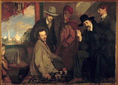 1900年万博のカフェ・モーレでのアンドレ・ギドとその友人たち（ユージン・ルアール、シャルル・シャンヴァン、アスマン・ベン・サラ、アンリ・ゲオン） ジャック・エミール（Jacques-Emile）・ブランシュ（1861-1942）の絵画 1900年 日。1,56x2,2 m ルーアン、ミュゼ・デ・ボザール 作： Jacques Emile Blanche