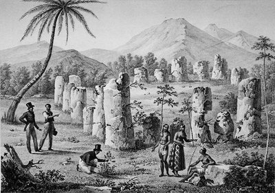 北マリアナ諸島。ロタ島のアンティーク柱の遺跡、1825年に出版されたフォルティエとE.オーベールが彫った「Voyage Autour du Monde sur les Corvettes de L