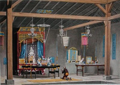 ティモール島クーパンの中国寺院内部の眺め（1825年に出版されたLerougeとForgetによる「Voyage Autour du Monde sur les Corvettes de L