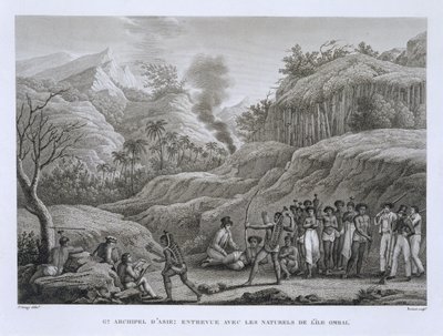 偉大なアジアの群島：ボビネットによって刻まれたルイ・クロード・デザルス・ド・フレシネ（1779-1842）による、ヴォヤージュオートゥールデュモンド（1817-20）からのオンバイ島の先住民とフランス人探検家の出版 作： Jacques Etienne Victor Arago