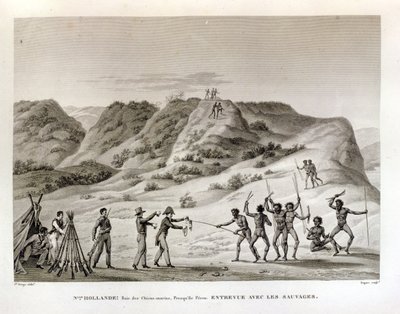 ニューホランドのペロン半島のシャークベイ：先住民との出会い、1825年に出版されたDupareによって刻まれた「航海Autour du Monde sur les Corvettes de L&39;Uranie 1817-20」より1825年 作： Jacques Etienne Victor Arago
