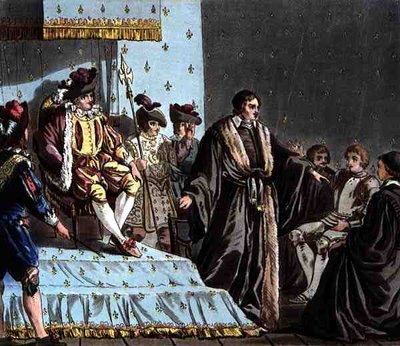 フランソワ・オリヴィエ議長（1488年生まれ）がフェルディナンド1世（1503-64年）の大使の陰謀を混乱させる場面、ジャン・バティスト・モレ（1790-1820年頃）の彫刻による 作： Jacques Francois Joseph (after) Swebach