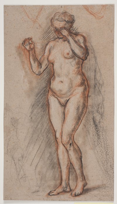 腕を上げ、左を目の前にした女性モデルのフィギュア。 作： Jacques Francois Joseph Saly