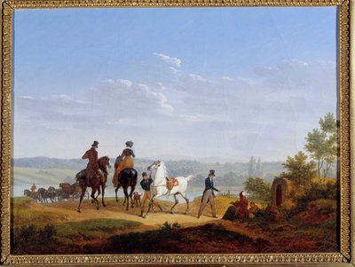 ジャック・フランソワ・ジョセフ・スウェバッハによる人物画と騎手絵画のある風景 作： Jacques Francois Joseph Swebach