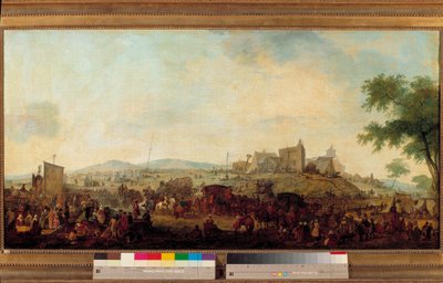 1788年8月5日から9月25日まで、サン・オメルの近くにコンデ公の指揮下で設置された軍事演習場の眺め この人はルイ5世ジョセフ・ド・ブルボン・コンデ（1736-1818）。ジャック・フランソワ・ジョセフ・スウェバック（1769-1823）による絵画 1788年 ス 作： Jacques Francois Joseph Swebach