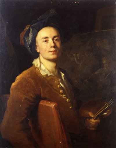 ハーフレングスに座り、パレットとブラシを持ったアーティストの肖像、c.1710-15 作： Jacques François Delyen