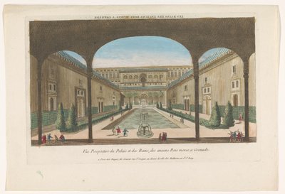グラナダのアルハンブラ宮殿の噴水のある中庭の眺め Les bains des enciens rois Mores、手榴弾 (オブジェクトのタイトル) 作： Jacques Gabriel Huquier