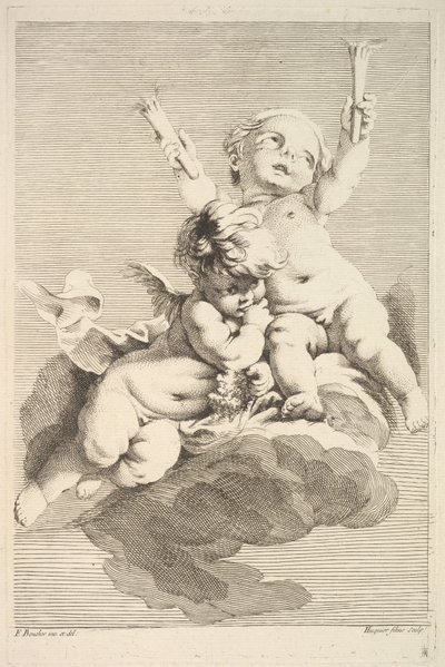 2 つのキューピッド、1 つの保持トーチ、18 世紀半ばから後半。 作： Jacques Gabriel Huquier
