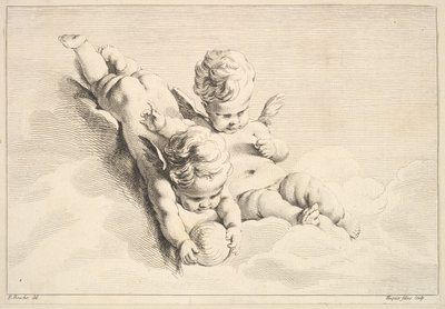 2 人のキューピッド、1 人がボールを持っている、18 世紀半ばから後半。 作： Jacques Gabriel Huquier