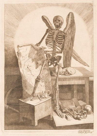 解剖図を保持している翼のある骨格 作： Jacques Gamelin