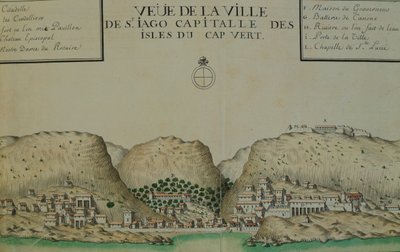 カーボベルデのサン ジャゴ (サンティアゴ) の街。1698 年から 1701 年まで南洋で船長を務めたジャック グアン ド ボーシェヌが保管していた航海日誌の水彩画。 作： Jacques Gouin de Beauchesne