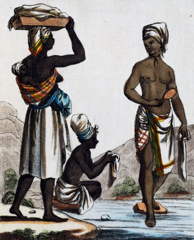 サント・ドミンゴの洗濯婦 ジャック・グラッセ・ド・サン＝ソーヴル（1757-1810）の『航海百科事典』に掲載されたラブローズ（1796年活躍）の図からのカラー・エングレーヴィング。 作： Jacques Grasset de Saint Sauveur