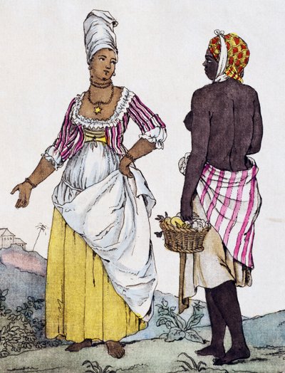 サント・ドミンゴの黒人女性と混血女性、ラブロースのデッサンからのカラー・エングレーヴィング 作： Jacques Grasset de Saint Sauveur