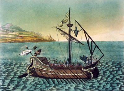 ローマのガレー船のデュイリアス・コルヴス（乗船装置） ジャック・グラッセ・ド・サン・ソーヴル（1757-1810）作 古代ローマの彫刻版 作： Jacques Grasset de Saint Sauveur
