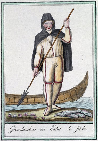 釣り衣装を着たグリーンランダー（グラッセ・サン・ソーヴル編「航海百科」1796年、パリ 作： Jacques Grasset de Saint Sauveur