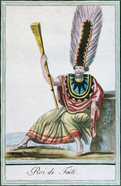 ソサエティ諸島タヒチ島の王様、ジャック・グラッセ・ド・サンソーヴル（1757-1810）の『航海百科事典』に掲載されたラブローズ（1796年活躍）の絵をもとにしたカラー・エングレーヴィング。 作： Jacques Grasset de Saint Sauveur