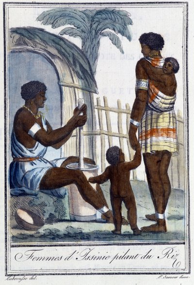 米を搗くイシニーの女性たち - グラッセ・サン・ソーヴル編『旅の百科事典』（1796年）より 作： Jacques Grasset de Saint Sauveur