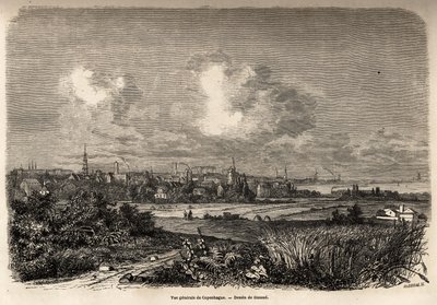 1860年、J.M.Dargaudのデンマークへの旅（1800-1860年）を説明するためにJacques Guiaud（1810-1876年）が描いたコペンハーゲンの全景。エドゥアール・シャルトン編『Le tour du monde』に掲載された図版 作： Jacques Guiaud