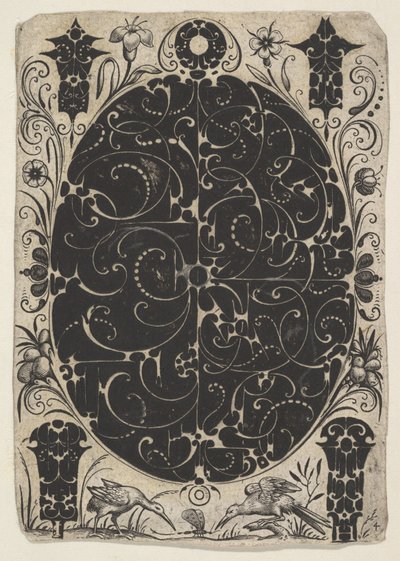小さいモチーフに囲まれた 2 つのバリエーションの Schweifwerk で飾られたオーバル ケース..., ca. 1614-19。 作： Jacques Hurtu