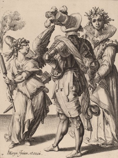 Zacharias Dolendo、1595-6年に捧げられた、カップルの前でトーチを握っている目隠しされたキューピッド（置かれた紙に彫刻） 作： Jacques II de Gheyn