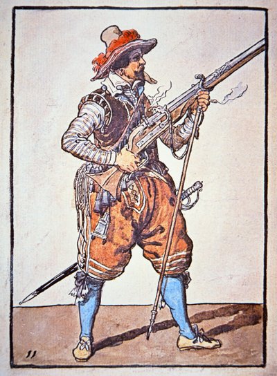 マッチロック・マスケットで武装したアークブジエ（「Manual of Arms」からのイラスト 作： Jacques II de Gheyn