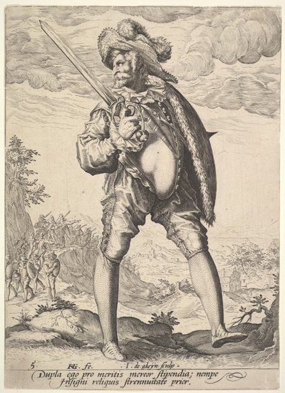 ブロードソードとシールドで武装した兵士、1587年の将校と兵士。 作： Jacques II de Gheyn