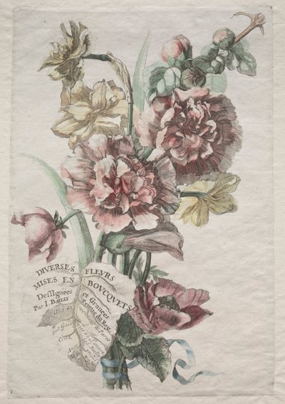 花束のさまざまな花：No. 1-Hollyhocks and Narcissus、c。 1670。 作： Jacques I Bailly